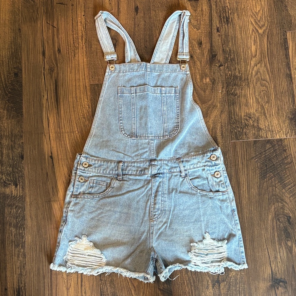 She + Sky Light Blue Distressed Denim Overall Romper